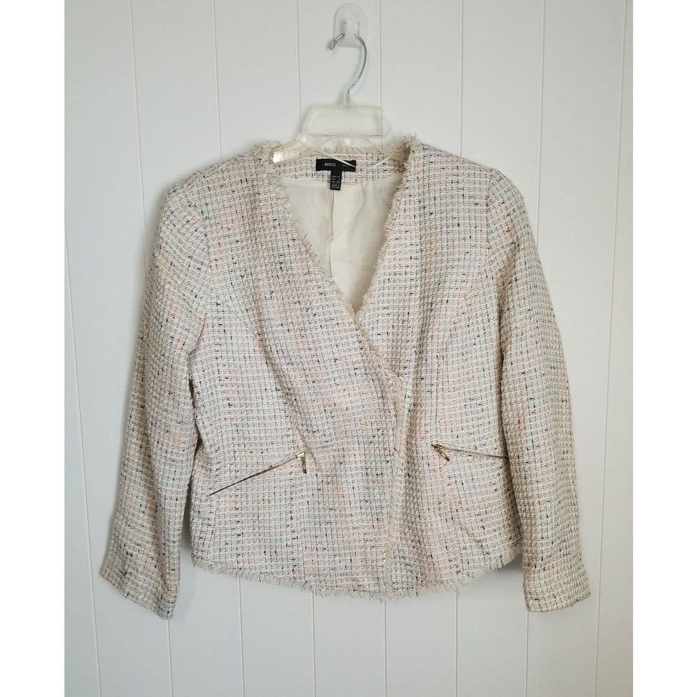 Mango MNG Blazer Jacket Size 12 Multicolor Tweed Surplice Vneck Fringed Office